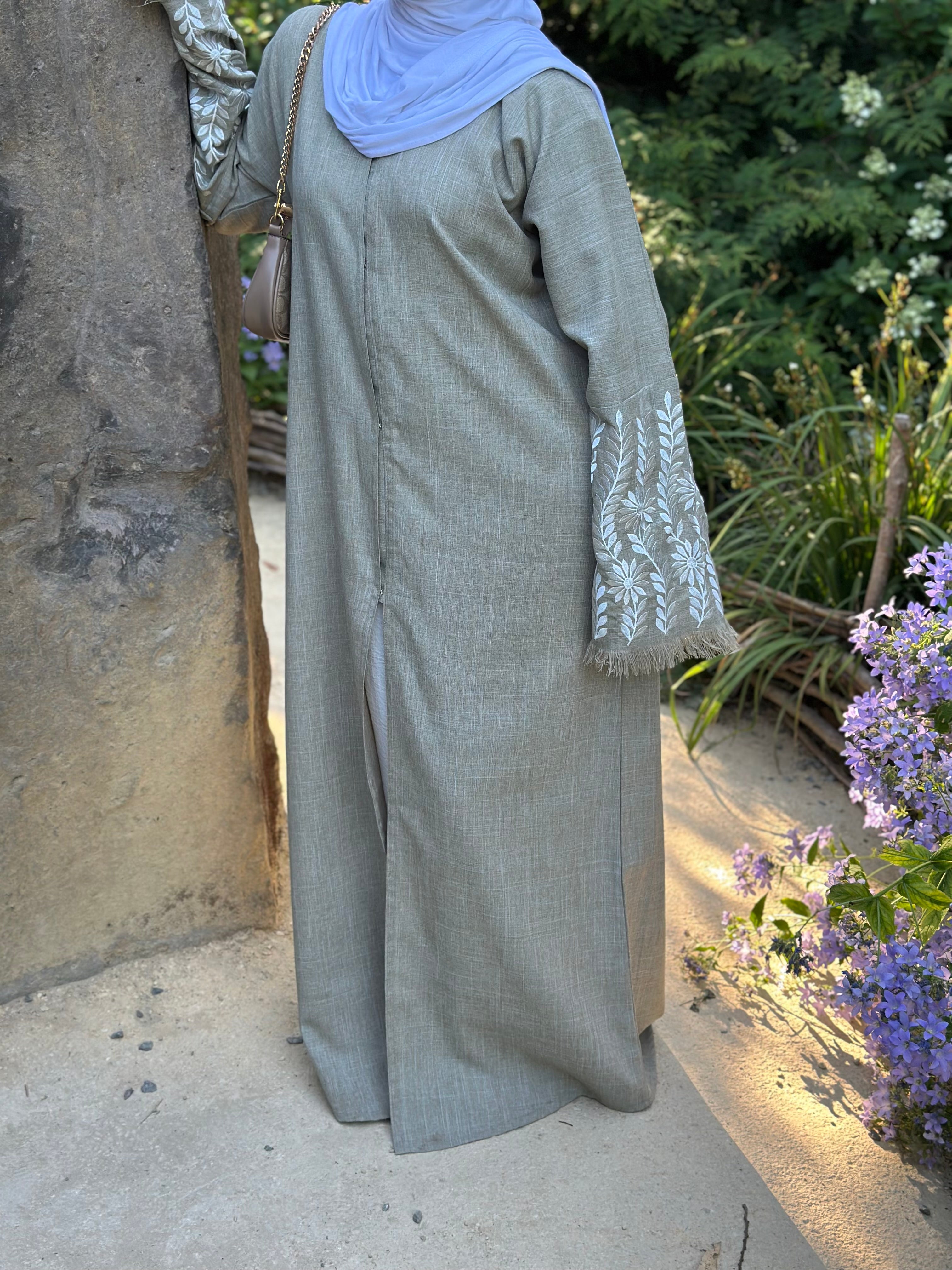 Dusty sage Vivielle Linen Open Abaya